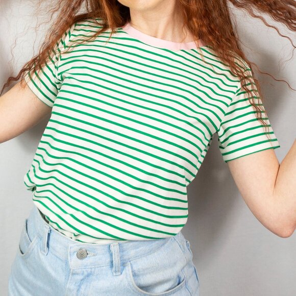 GREEN STRIPE TEE W/ CONTRAST NECK BAND - Picture 1 of 11